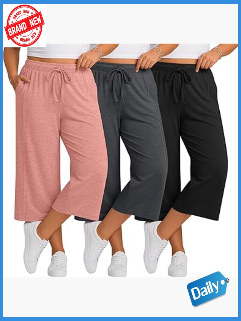 Plus Size Capri Pants Wide Leg Elastic Waist Crop Yoga Sweatpants 3 Pack